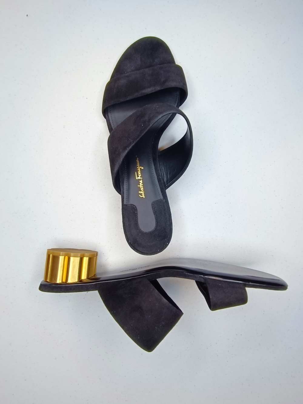 Salvatore Ferragamo Belluno Black Suede Slide Sandals Gold Flower Heel Size 9.5C